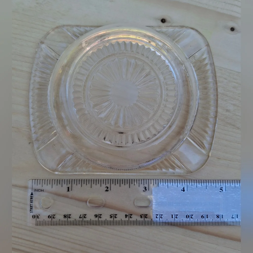 Vintage Clear Cut Glass Starburst Rectangular Ashtray Trinket Dish Candle Tray
